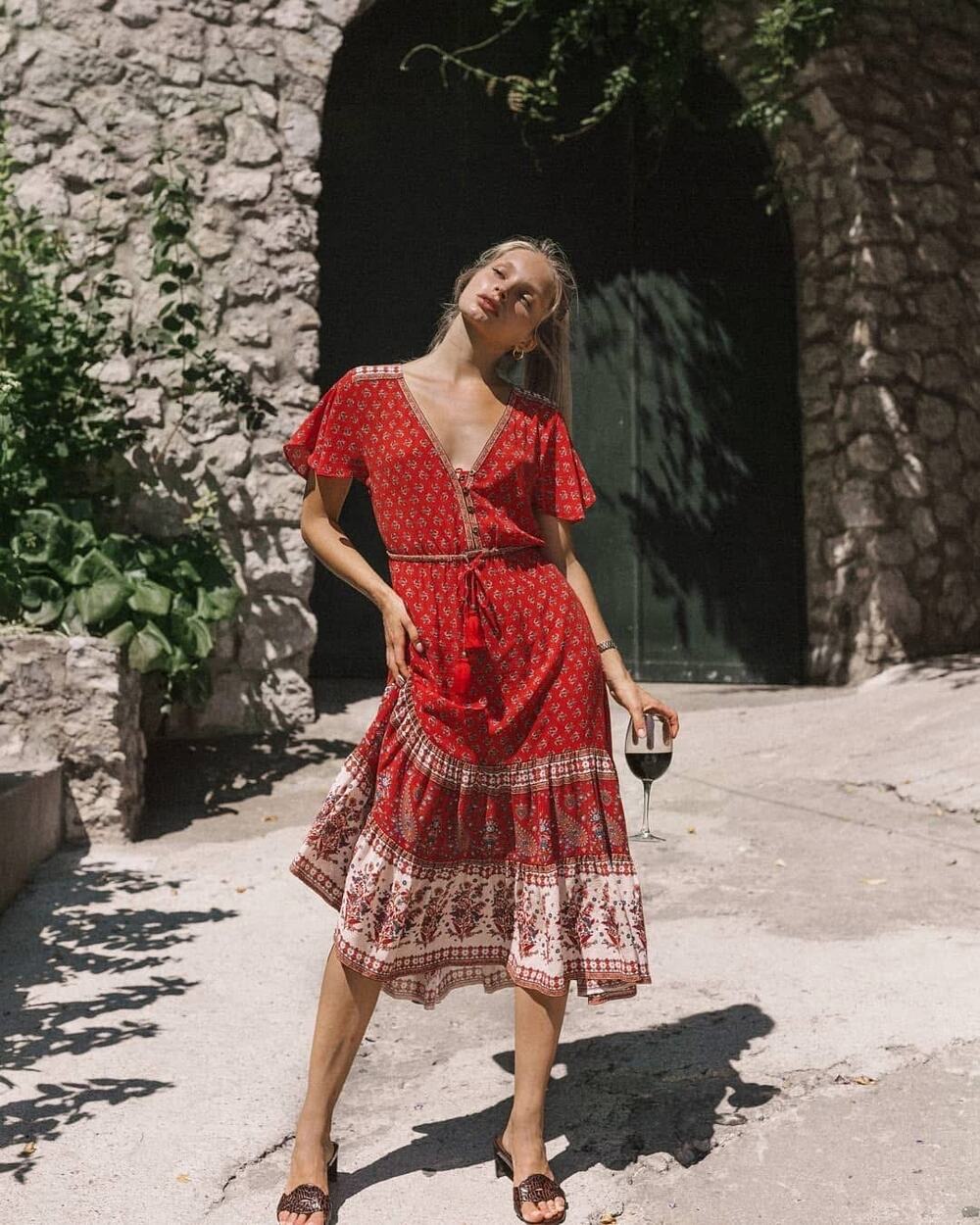 Arnhem Serafina Sundress Crimson Skies Red Paisley Boho Midi Dress AU 10 Medium